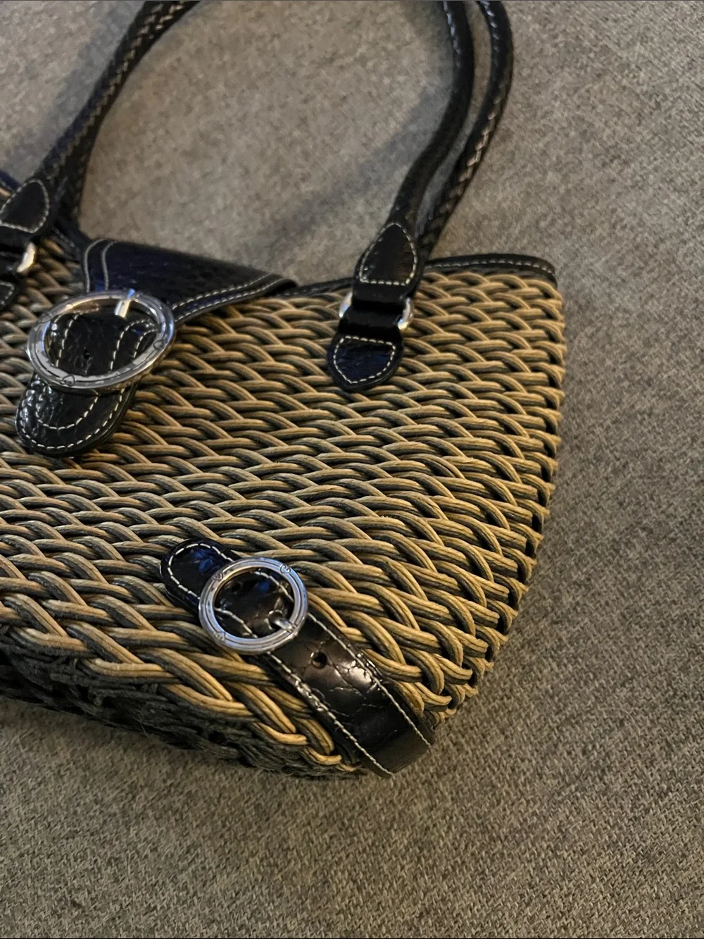 Brighton Woven Straw Tote with Black Trim and Silver Buckle GUC